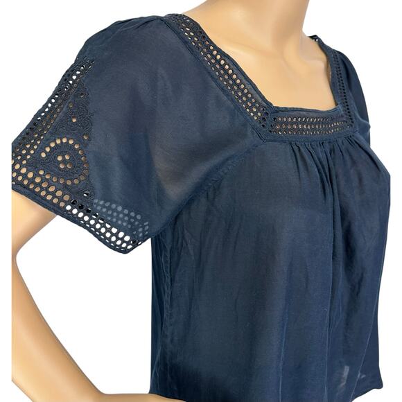J. Crew Eyelet Silk Blend Blouse Black Embroidered Short Sleeve Size 0 - Picture 9 of 11